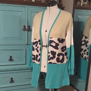 The Southern Shirt Company Teal and Cream Leopard Cardigan